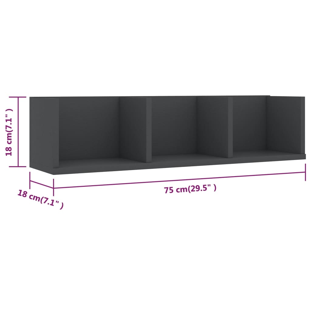 CD Wall Shelf Grey 75x18x18 cm Engineered Wood