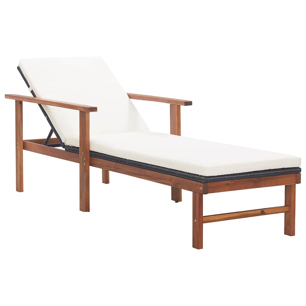 Sun Lounger with Cushion Poly Rattan&Solid Acacia Wood Black