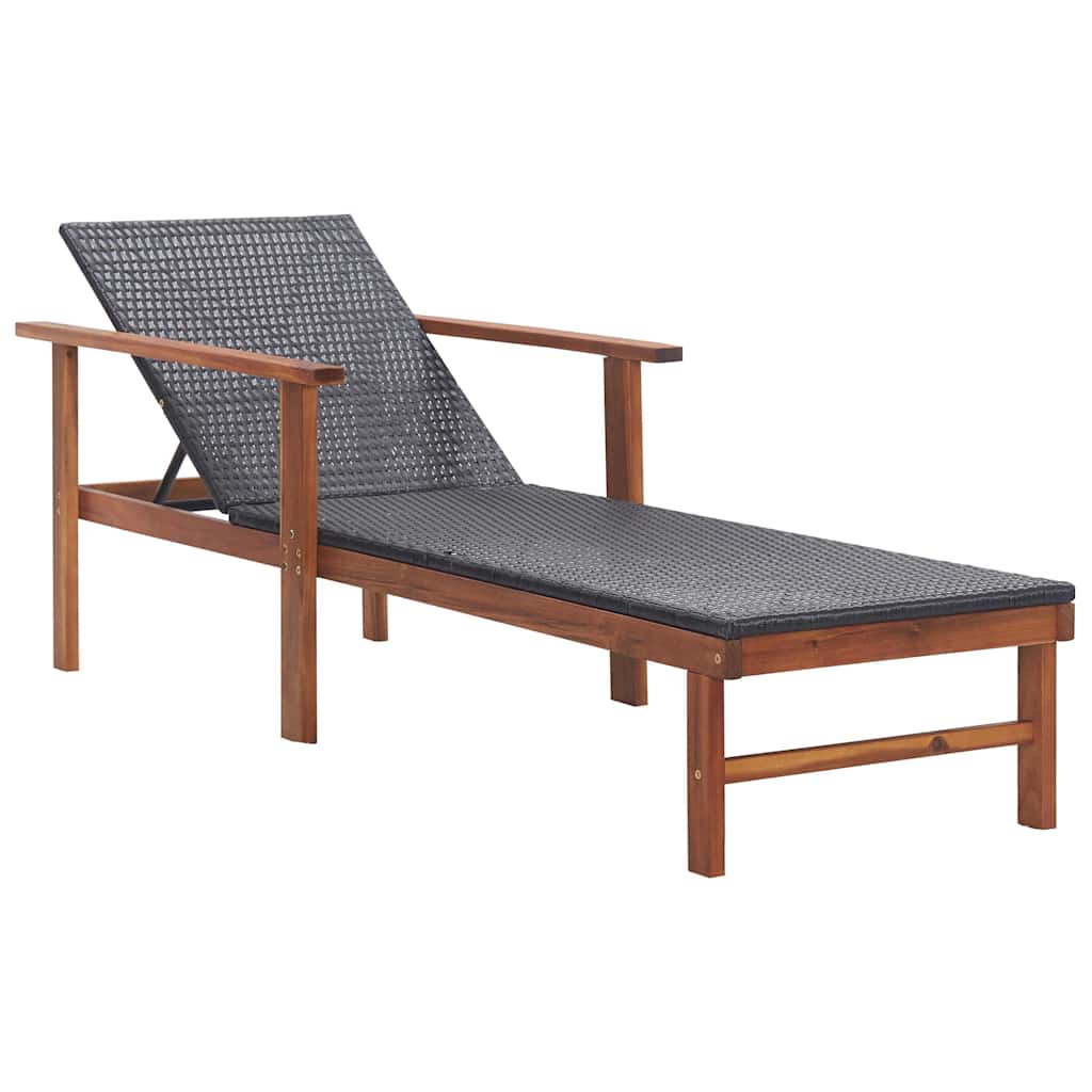 Sun Lounger with Cushion Poly Rattan&Solid Acacia Wood Black