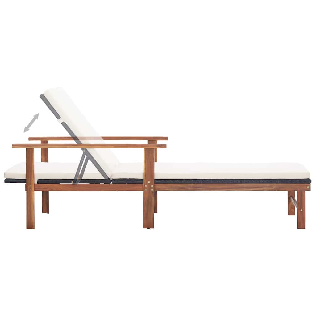 Sun Lounger with Cushion Poly Rattan&Solid Acacia Wood Black