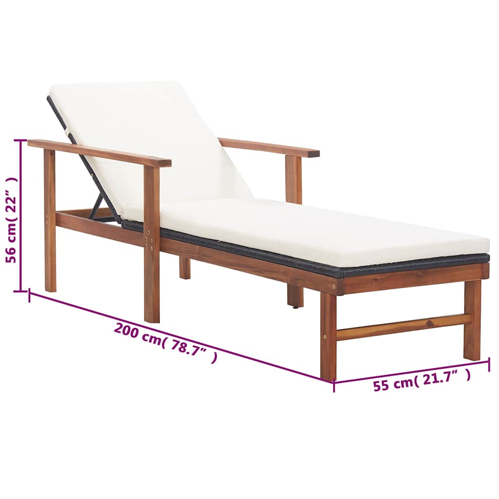 Sun Lounger with Cushion Poly Rattan&Solid Acacia Wood Black