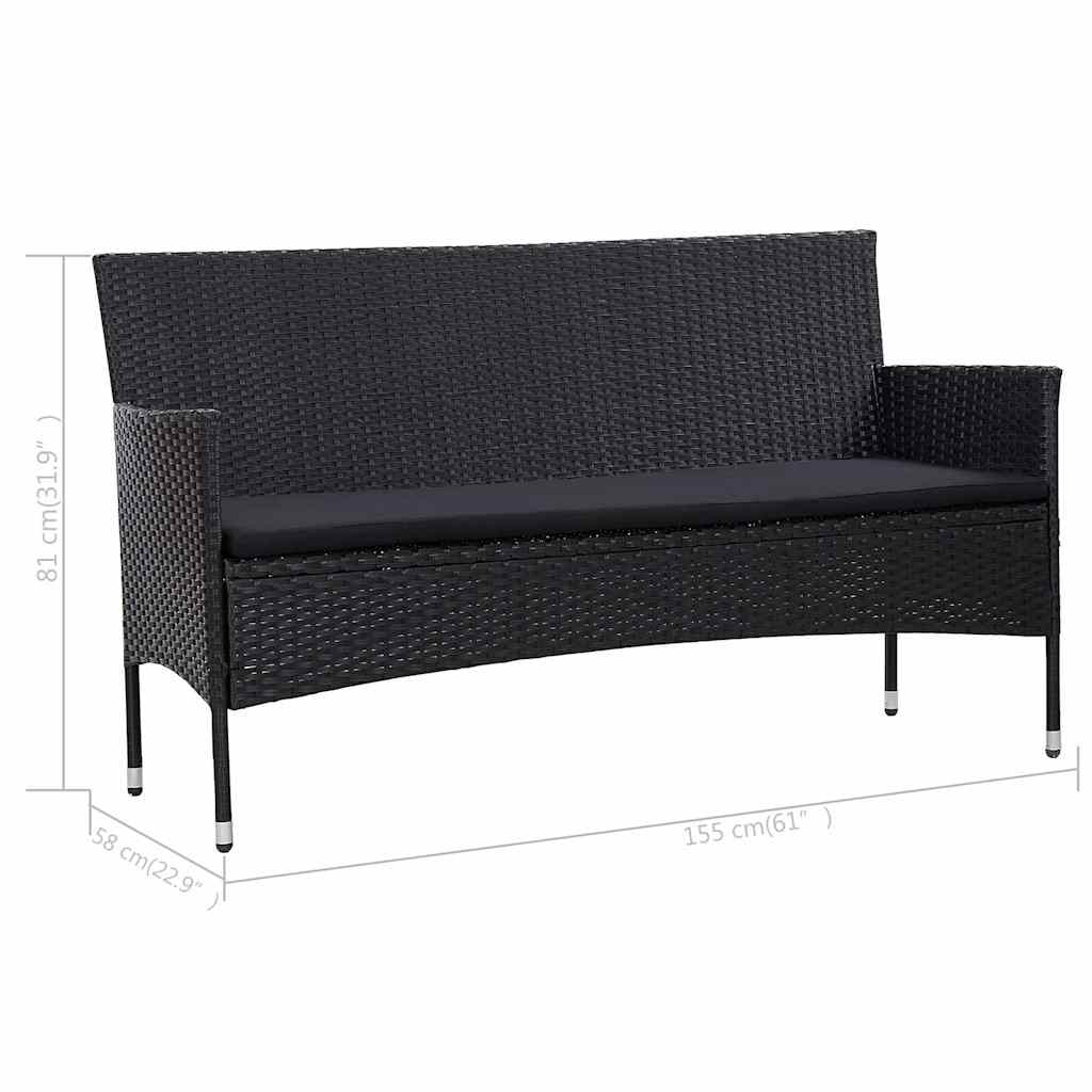 3-Seater Garden Sofa with Cushions Black Poly Rattan