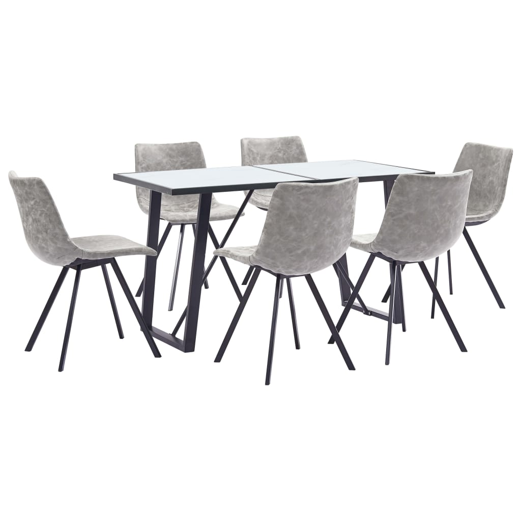 7 Piece Dining Set Light Grey Faux Leather