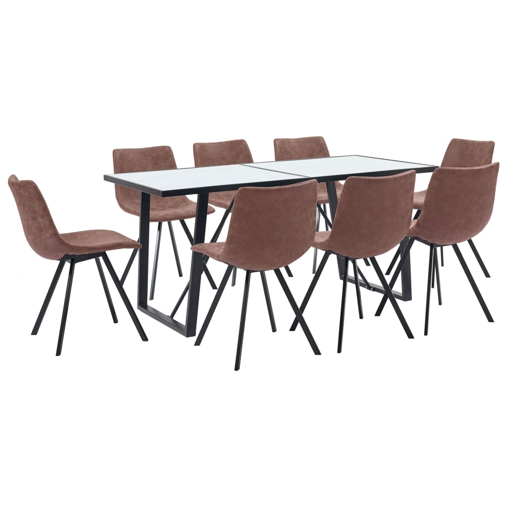 9 Piece Dining Set Medium Brown Faux Leather