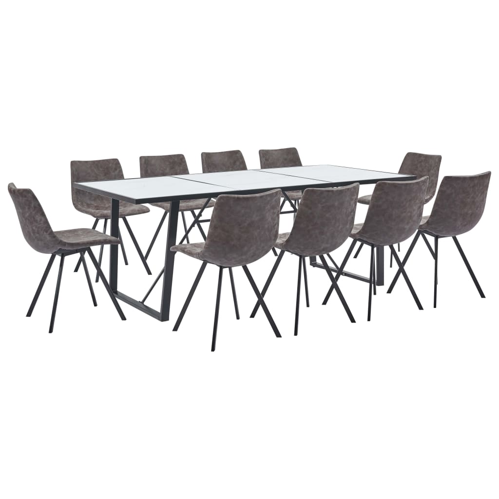 11 Piece Dining Set Brown Faux Leather
