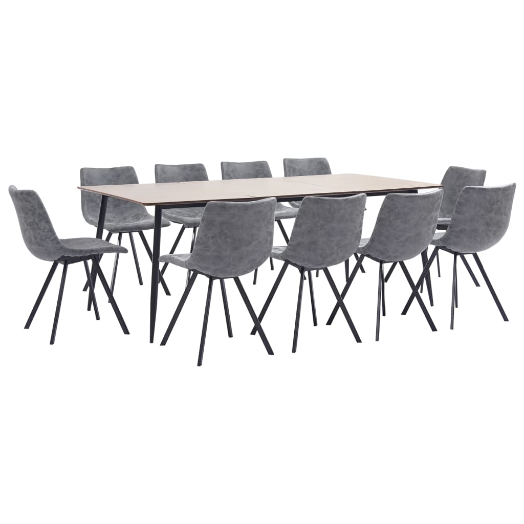 11 Piece Dining Set Grey Faux Leather