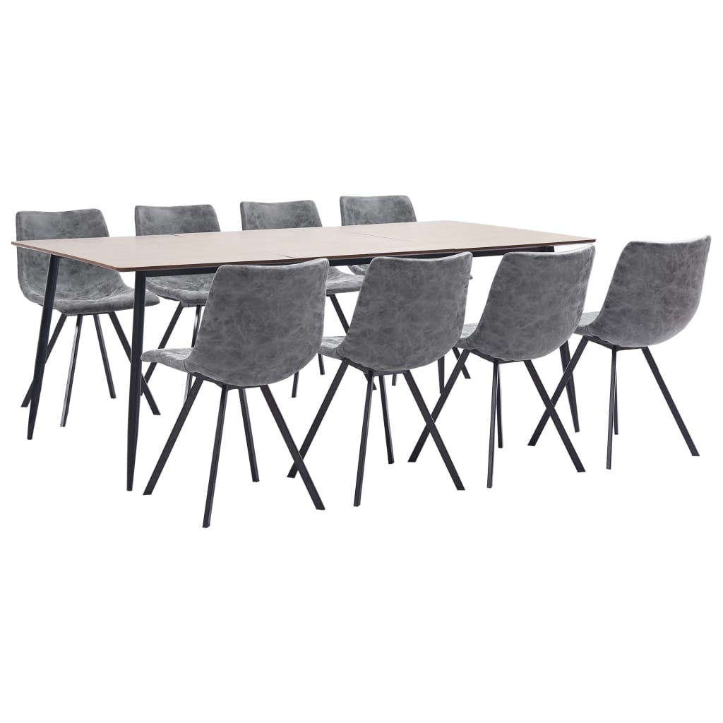 9 Piece Dining Set Grey Faux Leather
