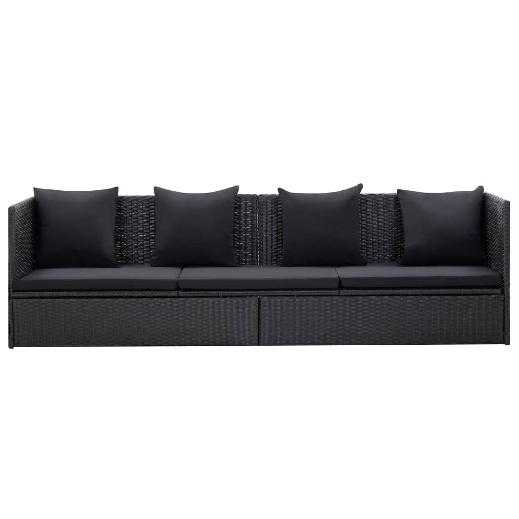 Garden Bed with Cushion and Pillow Poly Rattan Black