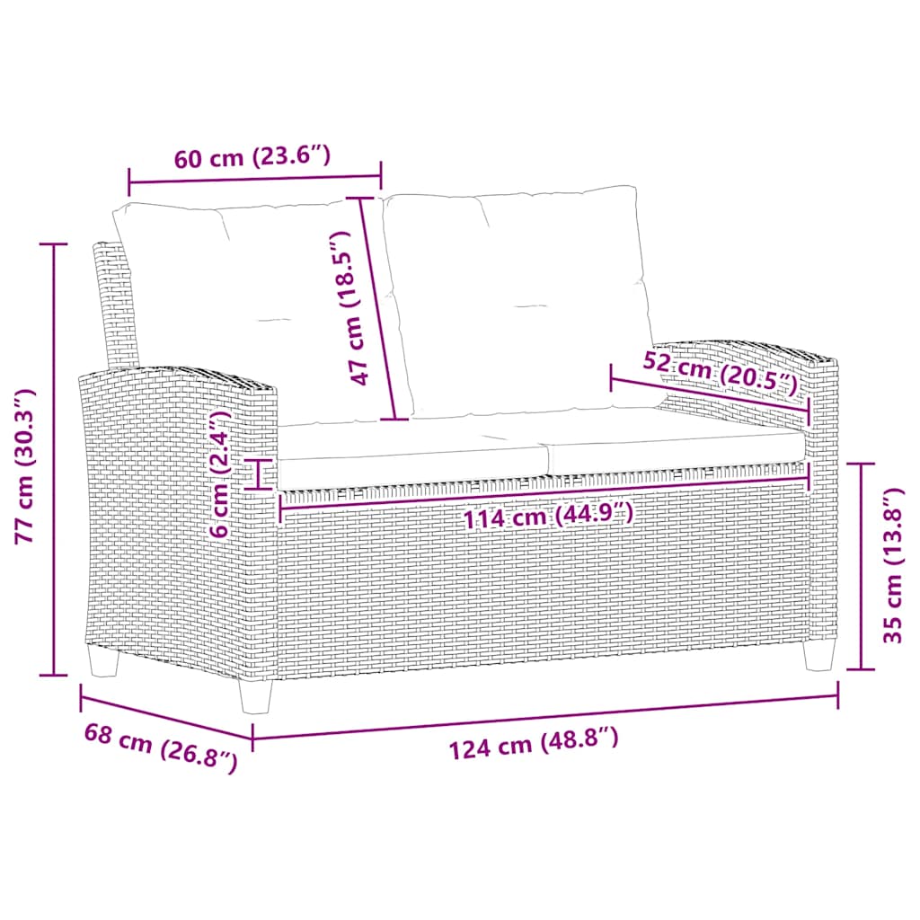 2-Seater Garden Sofa with Cushions Grey 124 cm Poly Rattan