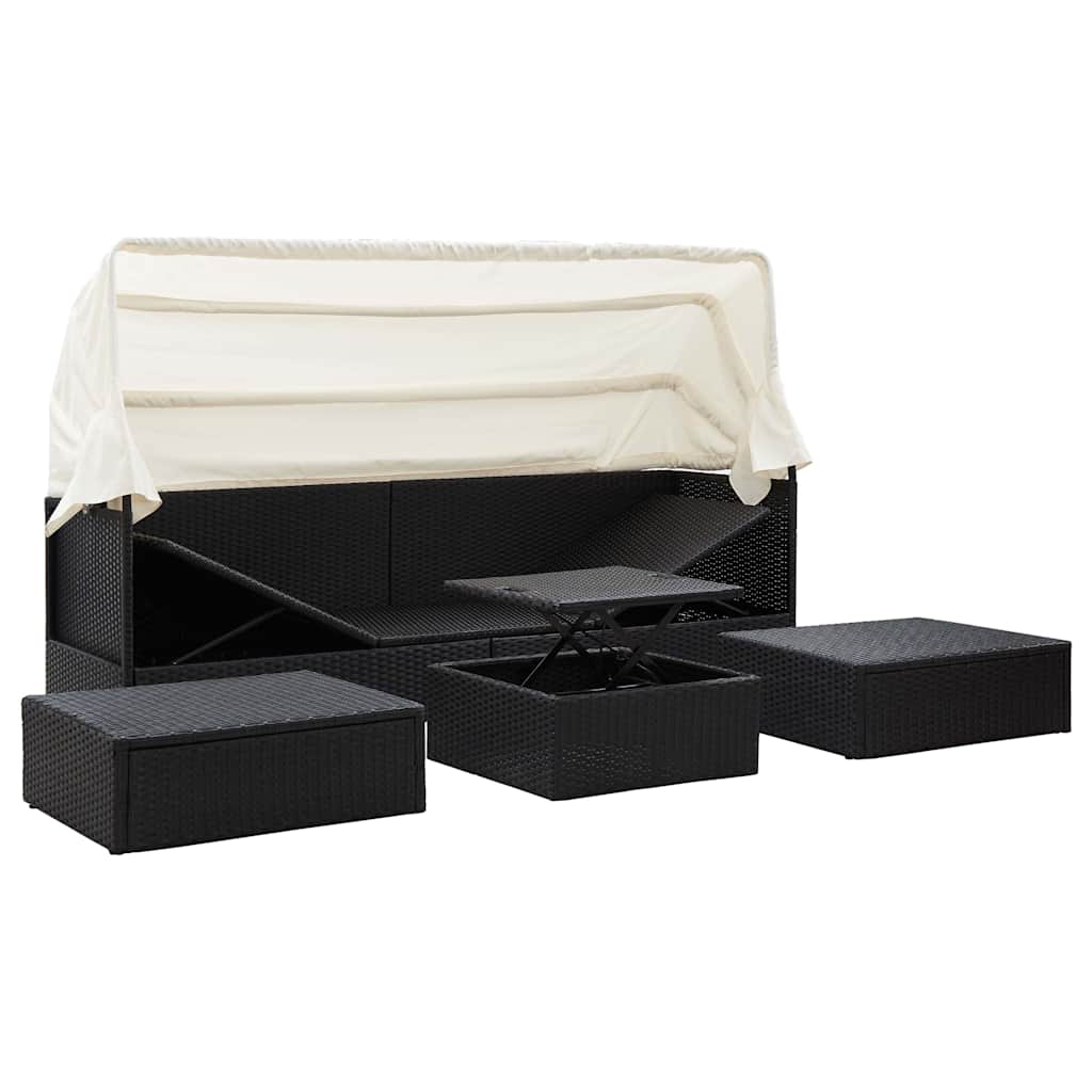 Garden Lounge Bed with Roof Black Poly Rattan