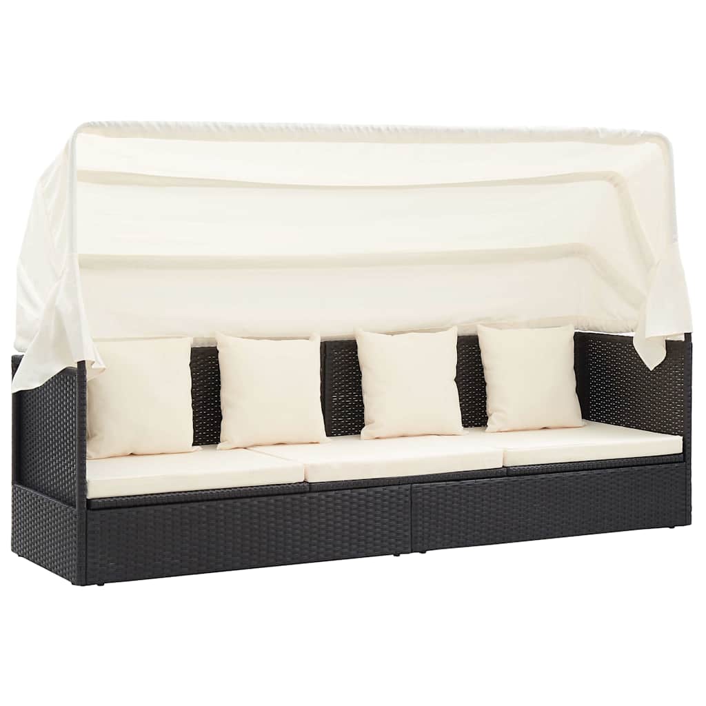 Garden Lounge Bed with Roof Black Poly Rattan