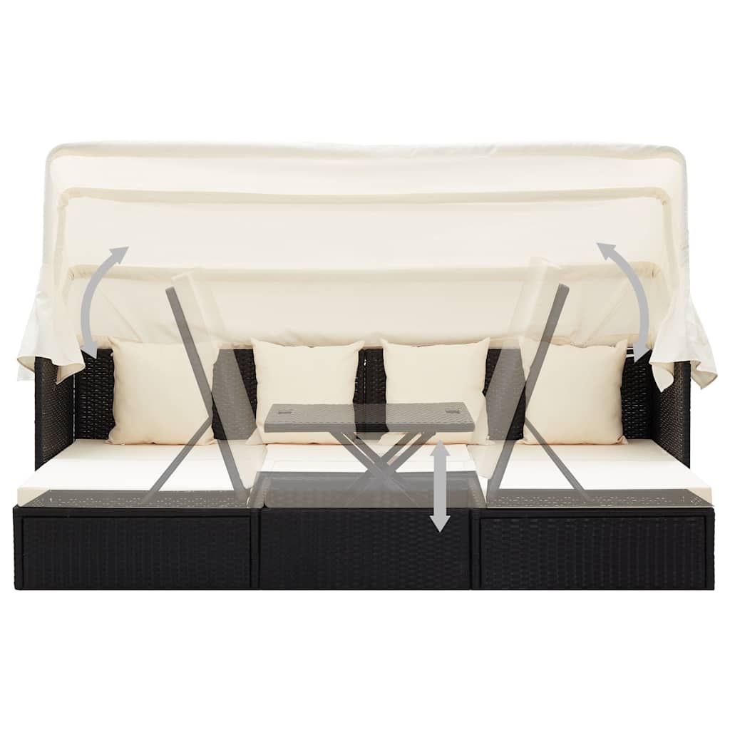 Garden Lounge Bed with Roof Black Poly Rattan