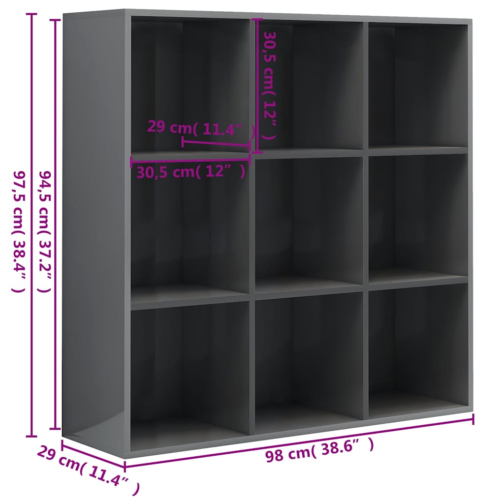 Book Cabinet High Gloss Grey 98x29x97.5 cm Engineered Wood