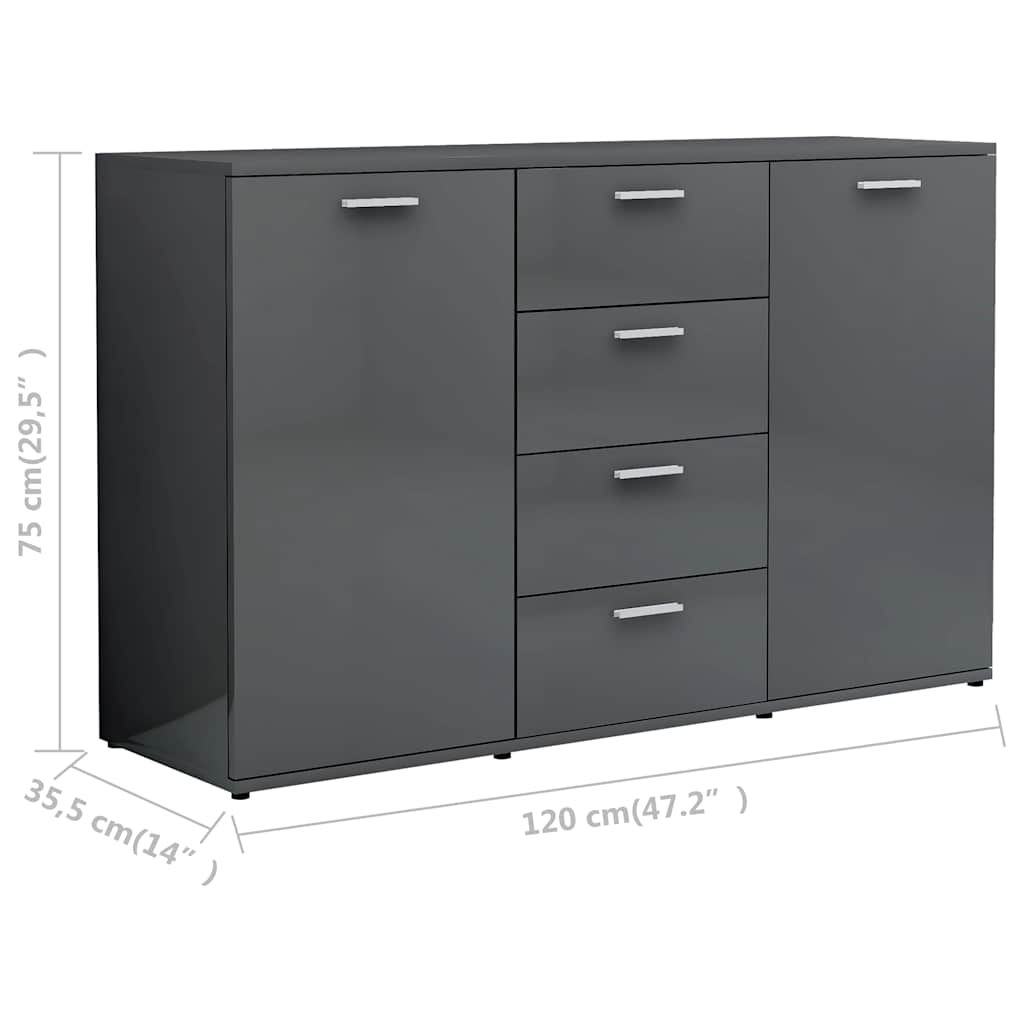 Sideboard High Gloss Grey 120x35.5x75 cm Engineered Wood