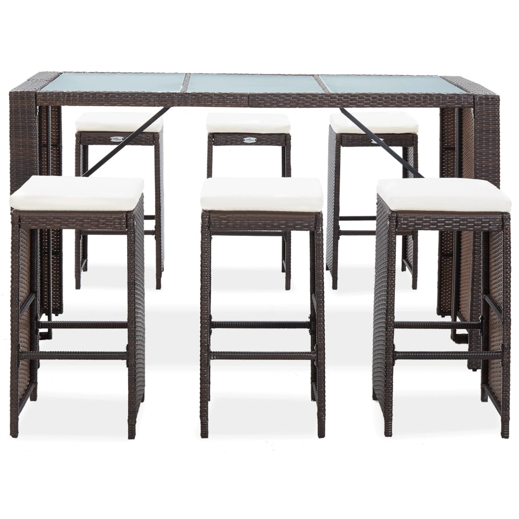 7 Piece Garden Bar Set with Cushions Poly Rattan Brown