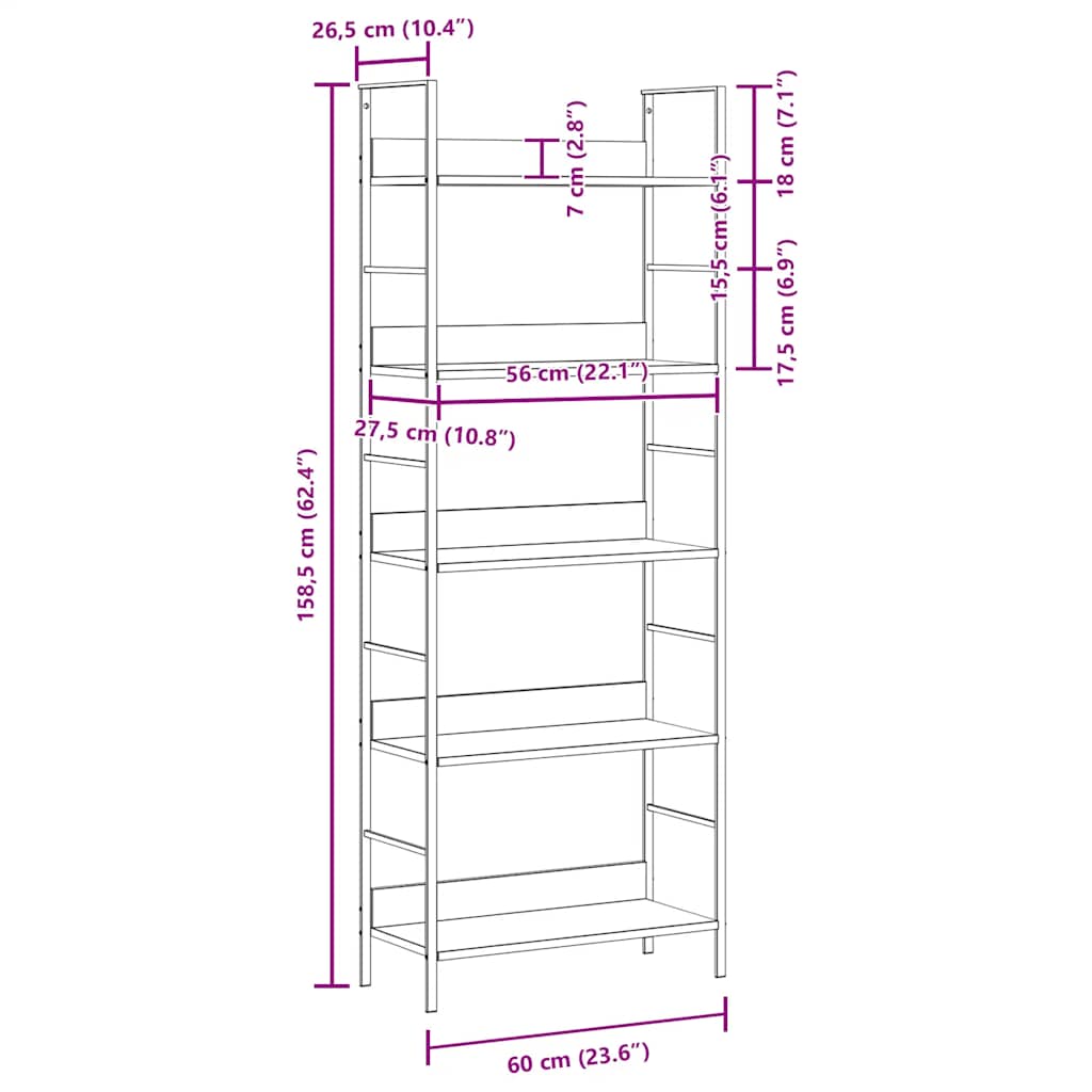 5-Layer Book Shelf Black 60x27.6x158.5 cm Engineered Wood