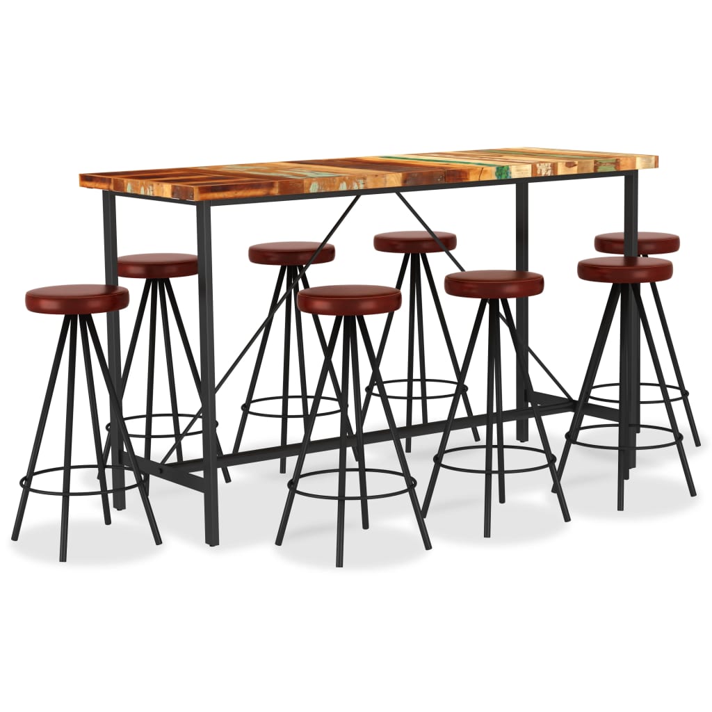 9 Piece Bar Set Solid Reclaimed Wood and Genuine Leather