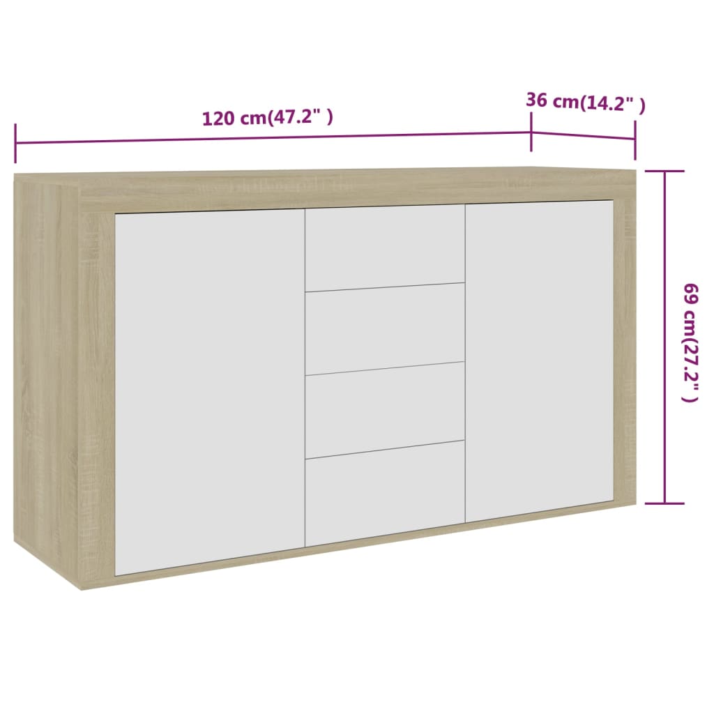 Sideboard White and Sonoma Oak 120x36x69 cm Engineered Wood