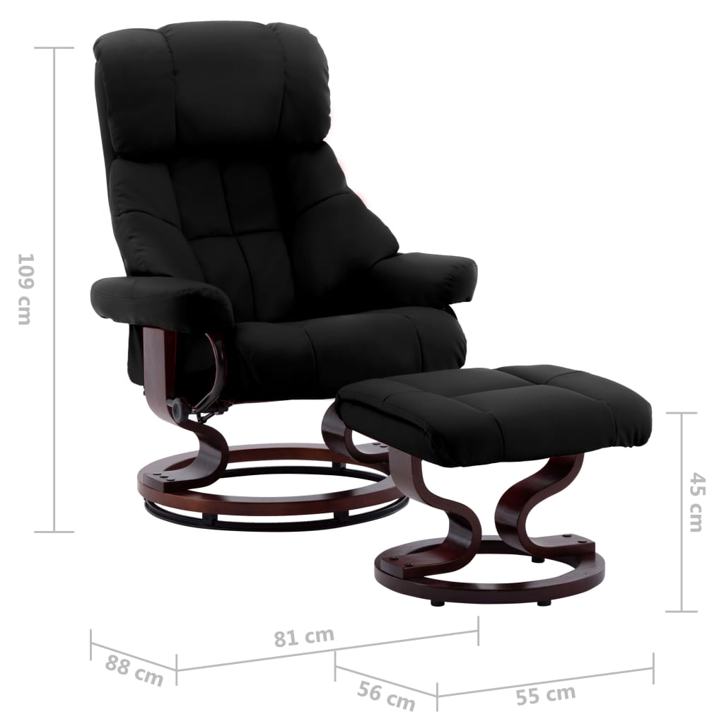 Recliner Chair with Footstool Black Faux Leather and Bentwood