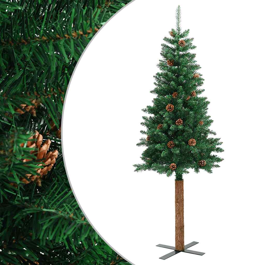 Slim Christmas Tree with Real Wood and Cones Green 210 cm PVC