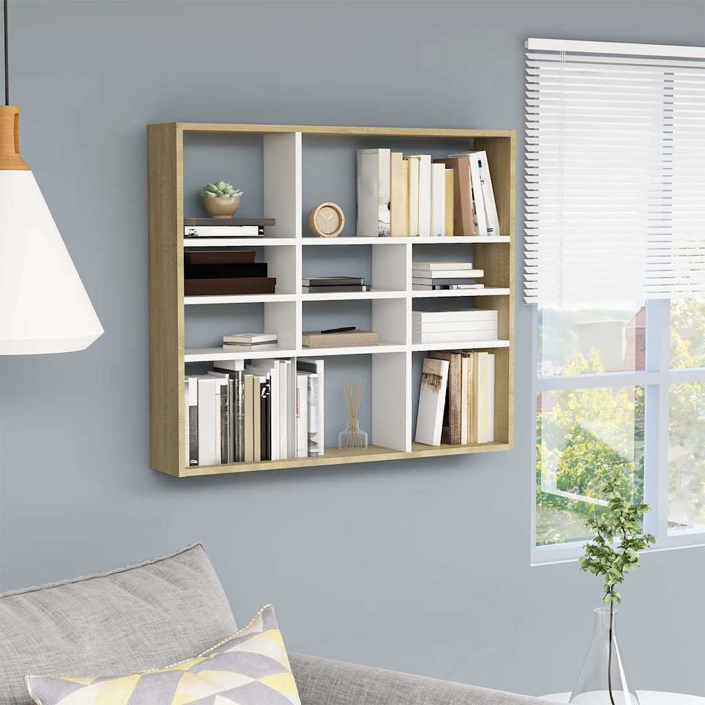 Wall Shelf White and Sonoma Oak 90x16x78 cm Engineered Wood