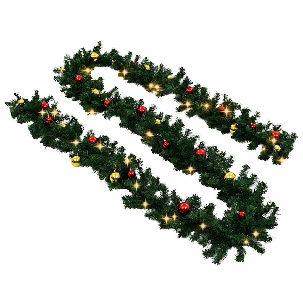 Christmas Garland with Baubles and LED Lights Green 20 m PVC