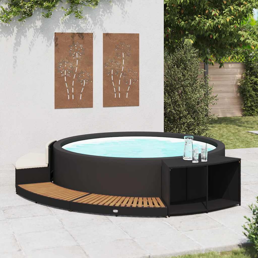 Spa Surround Black Poly Rattan and Acacia Wood