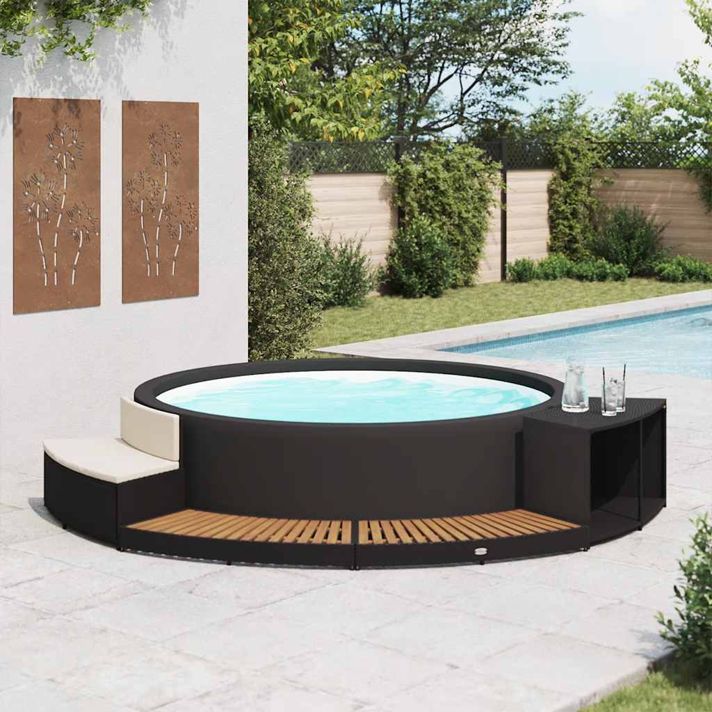 Spa Surround Black Poly Rattan and Acacia Wood