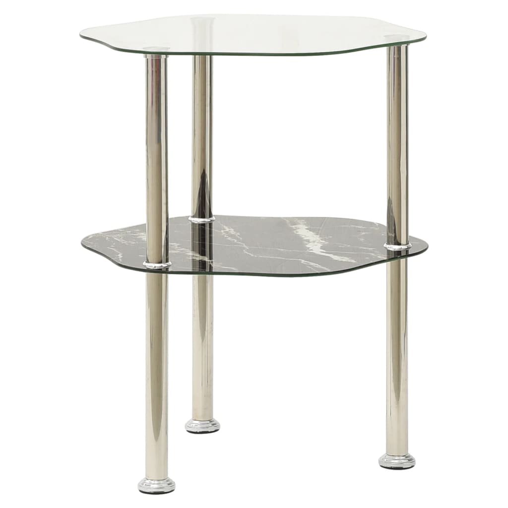 2-Tier Side Table Transparent & Black Marble 38x38x50cm Tempered Glass