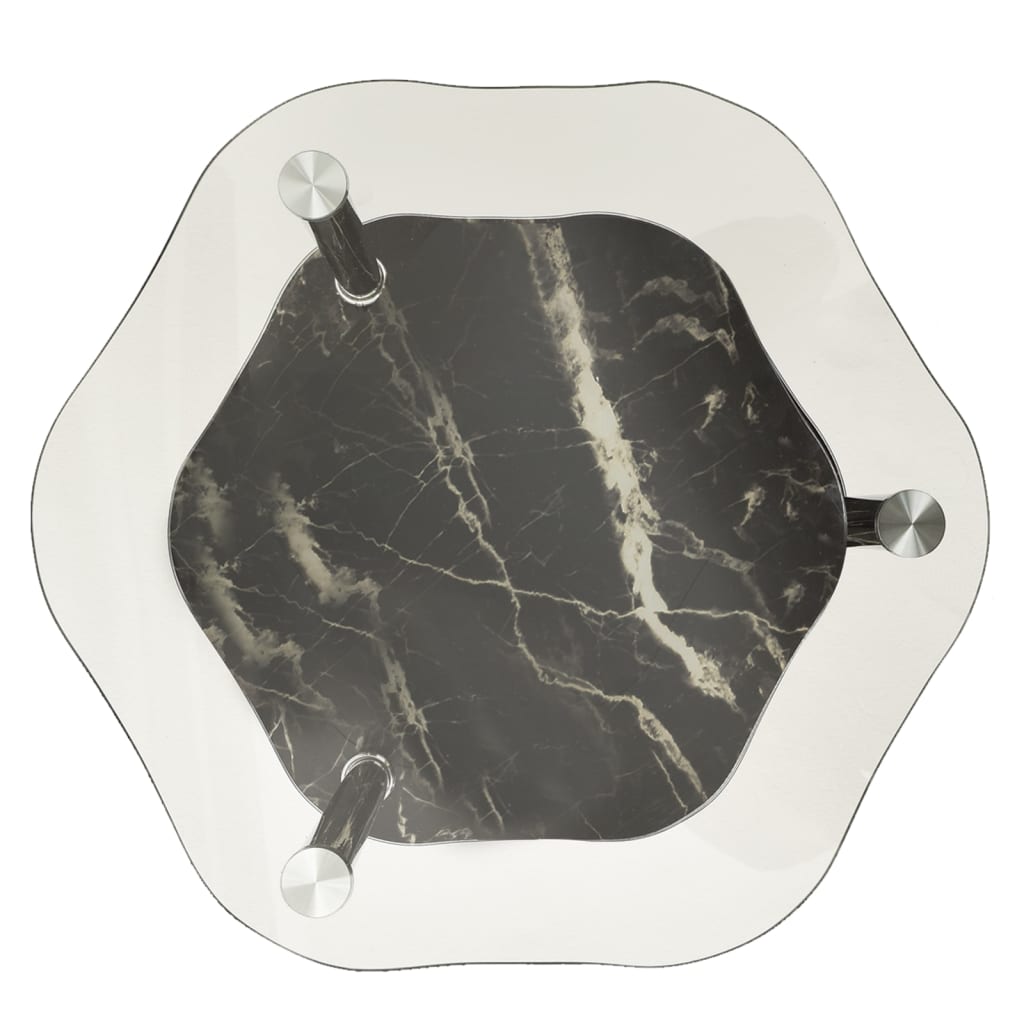 2-Tier Side Table Transparent & Black Marble 38x38x50cm Tempered Glass