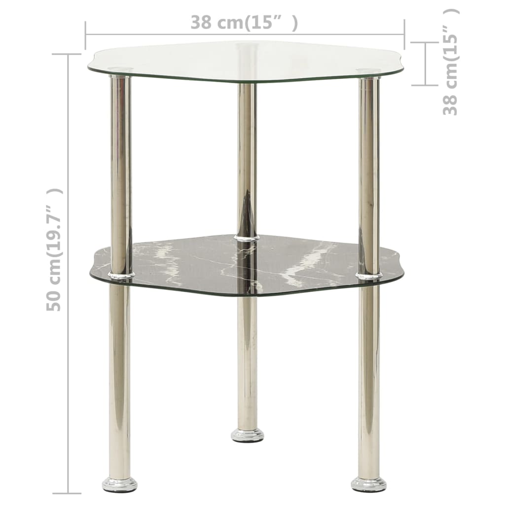 2-Tier Side Table Transparent & Black Marble 38x38x50cm Tempered Glass