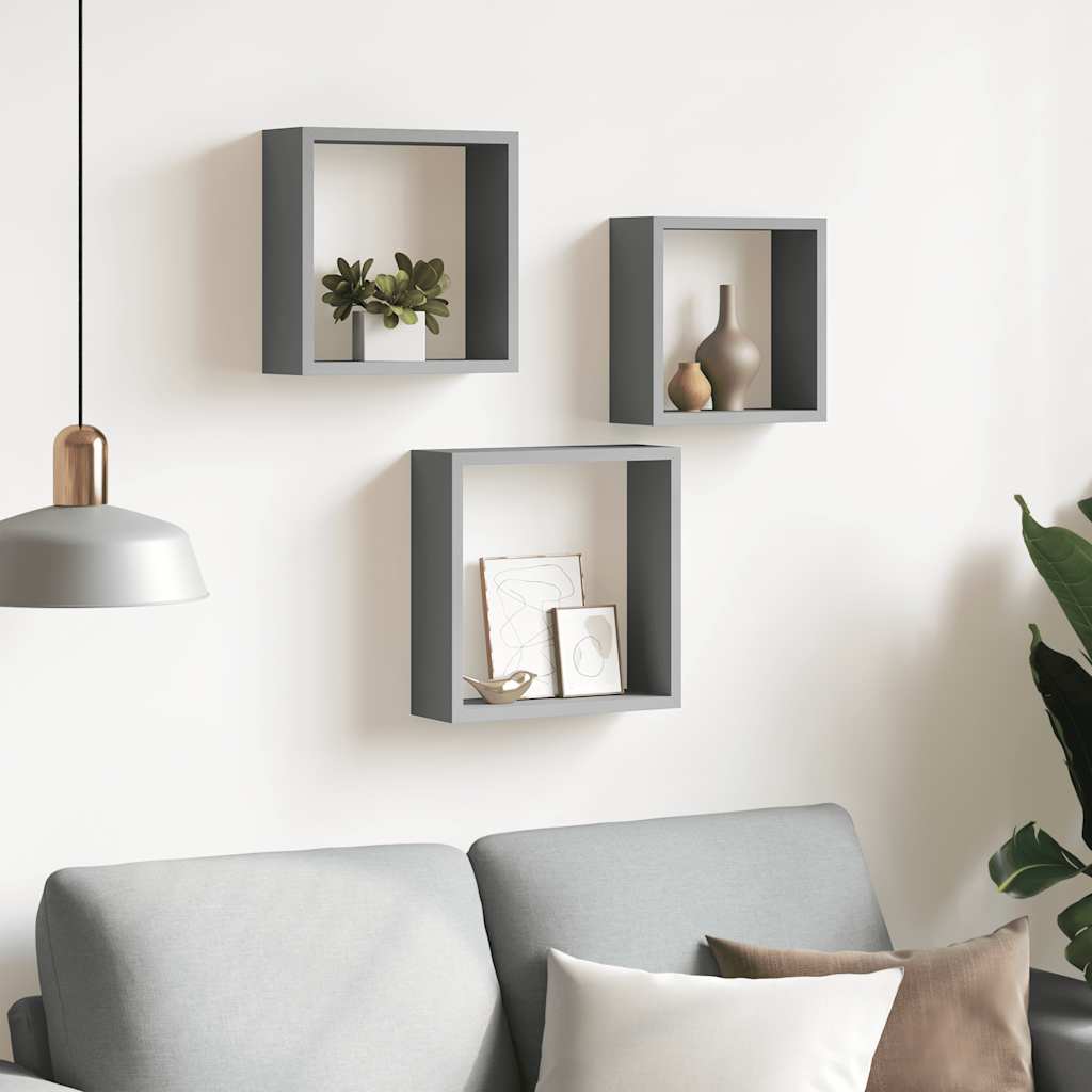 Wall Cube Shelves 3 pcs Grey MDF
