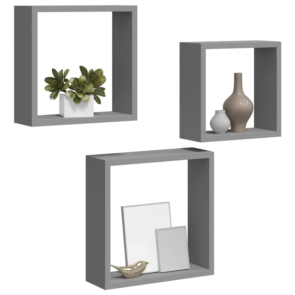 Wall Cube Shelves 3 pcs Grey MDF