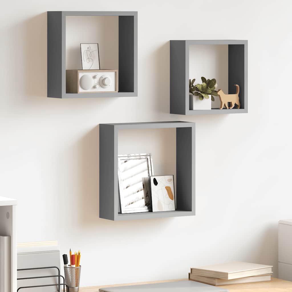 Wall Cube Shelves 3 pcs Grey MDF