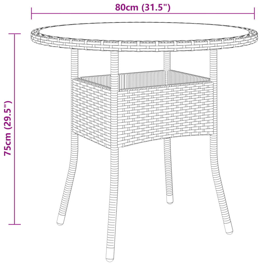Garden Table Ø80x75 cm Tempered Glass and Poly Rattan Grey