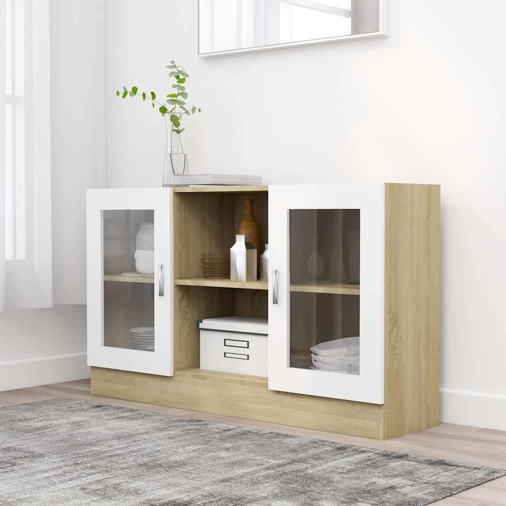 Vitrine Cabinet White and Sonoma Oak 120x30.5x70 cm Engineered Wood