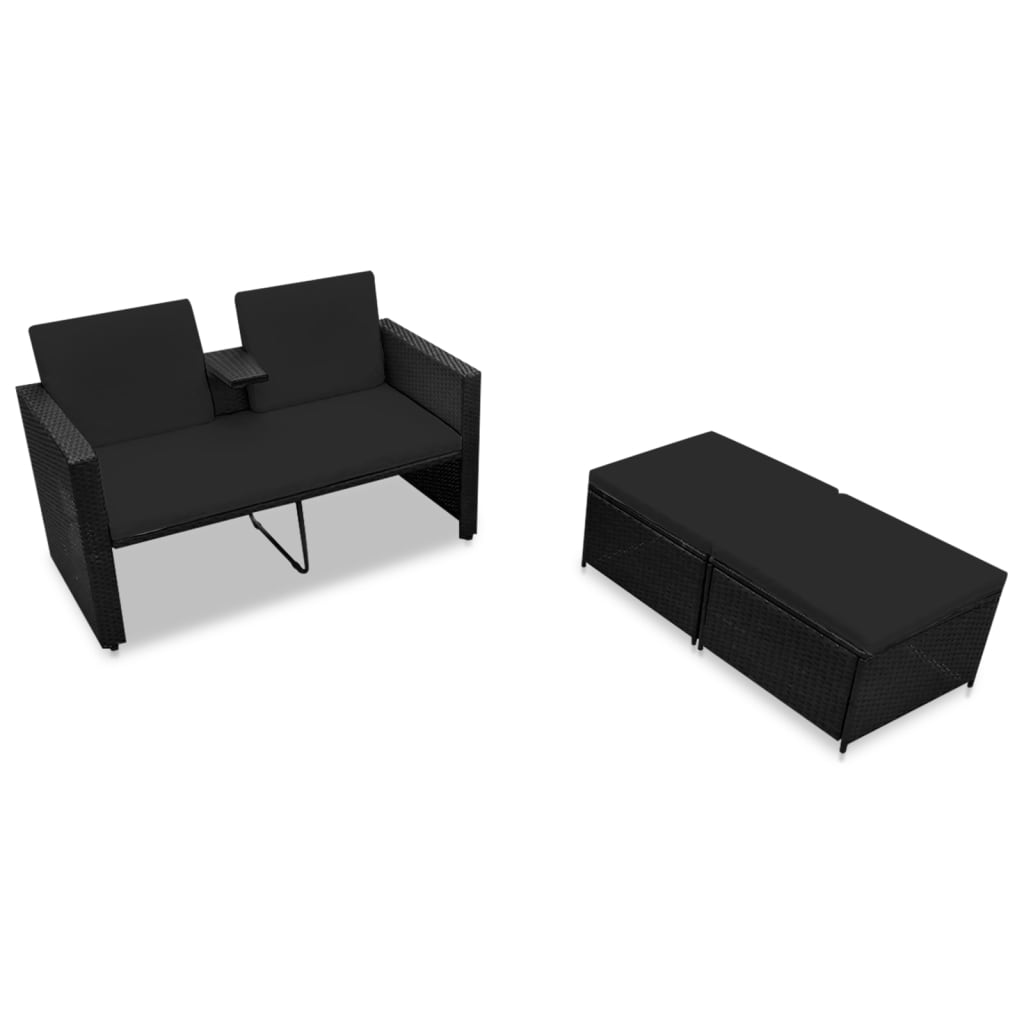 3 Piece Garden Lounge Set with Cushions Poly Rattan Black