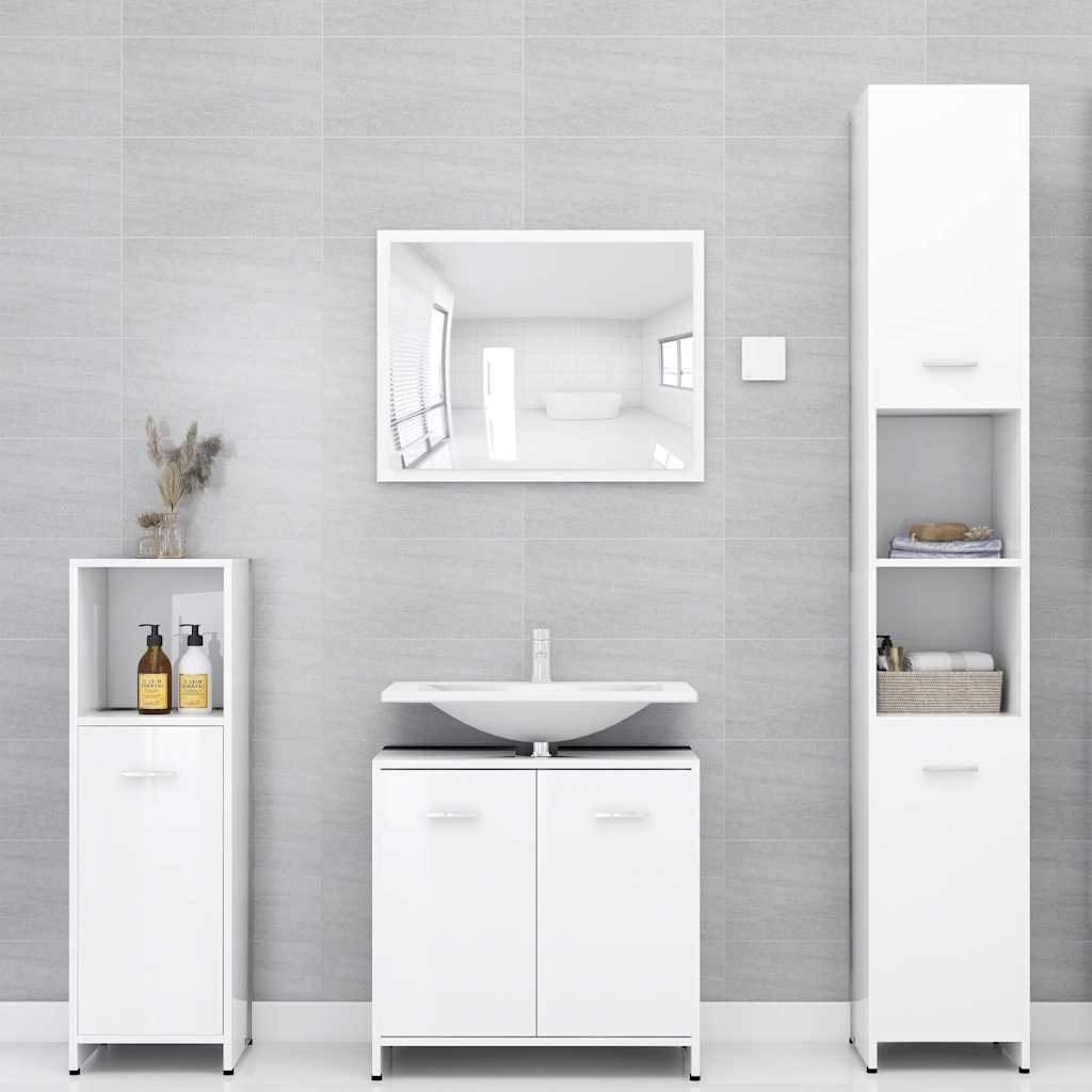 3 Piece Bathroom Furniture Set High Gloss White Engineered Wood