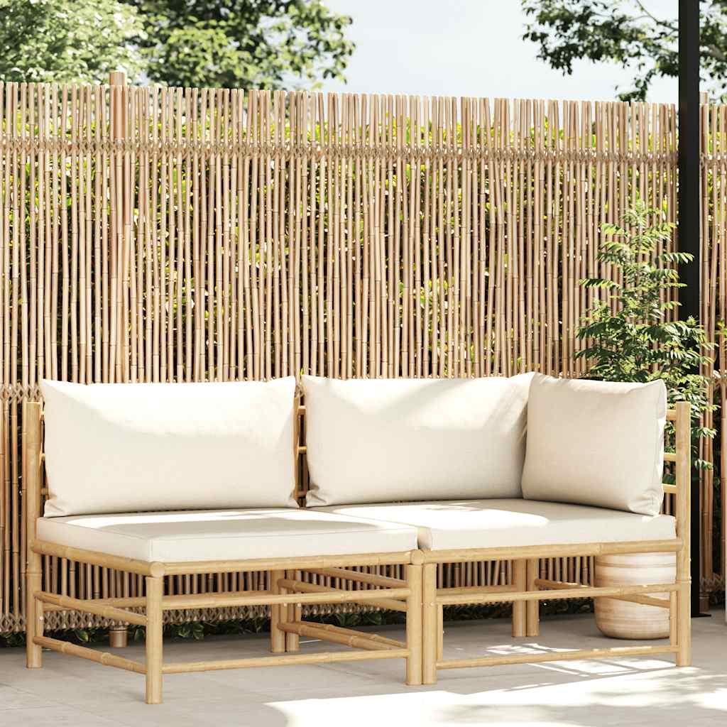 2 Piece Garden Lounge Set with Cream White Cushions Bamboo