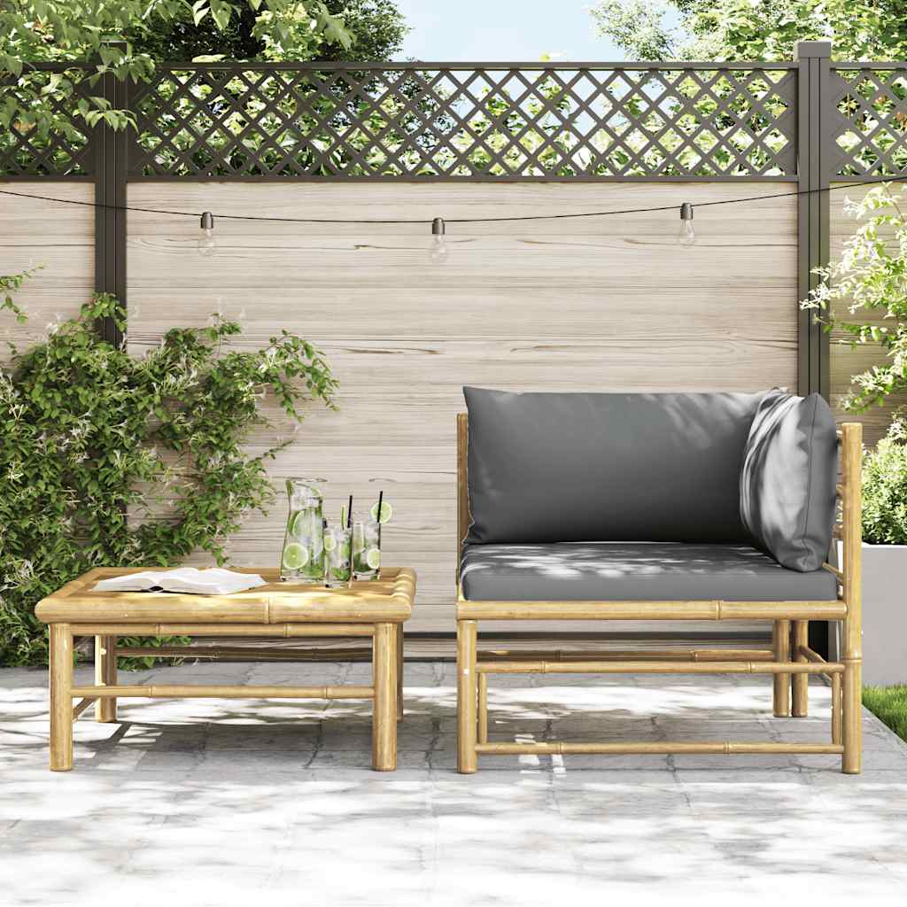 2 Piece Garden Lounge Set with Dark Grey Cushions Bamboo