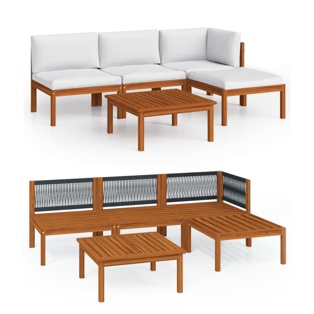 5 Piece Garden Lounge Set with Cushions Cream Wood Acacia&Rope