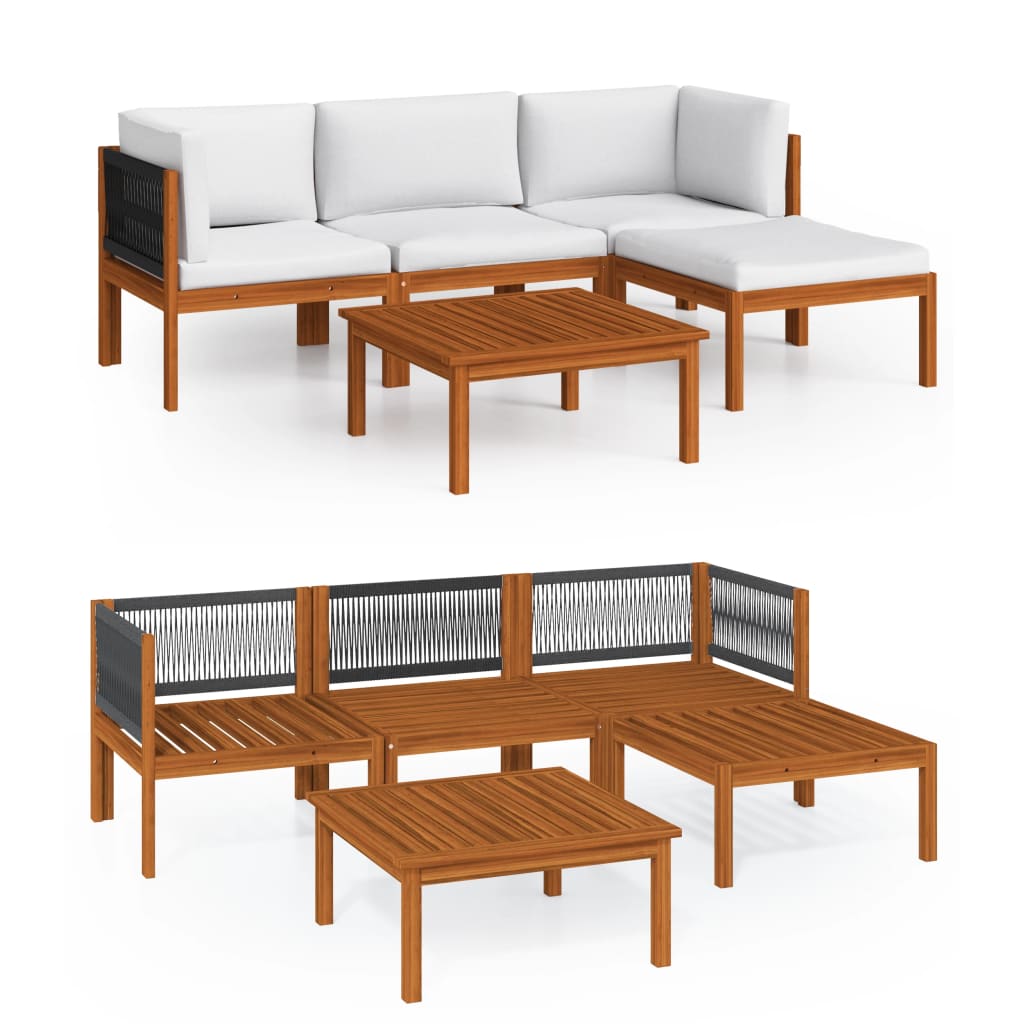 5 Piece Garden Lounge Set with Cushions Cream Wood Acacia&Rope