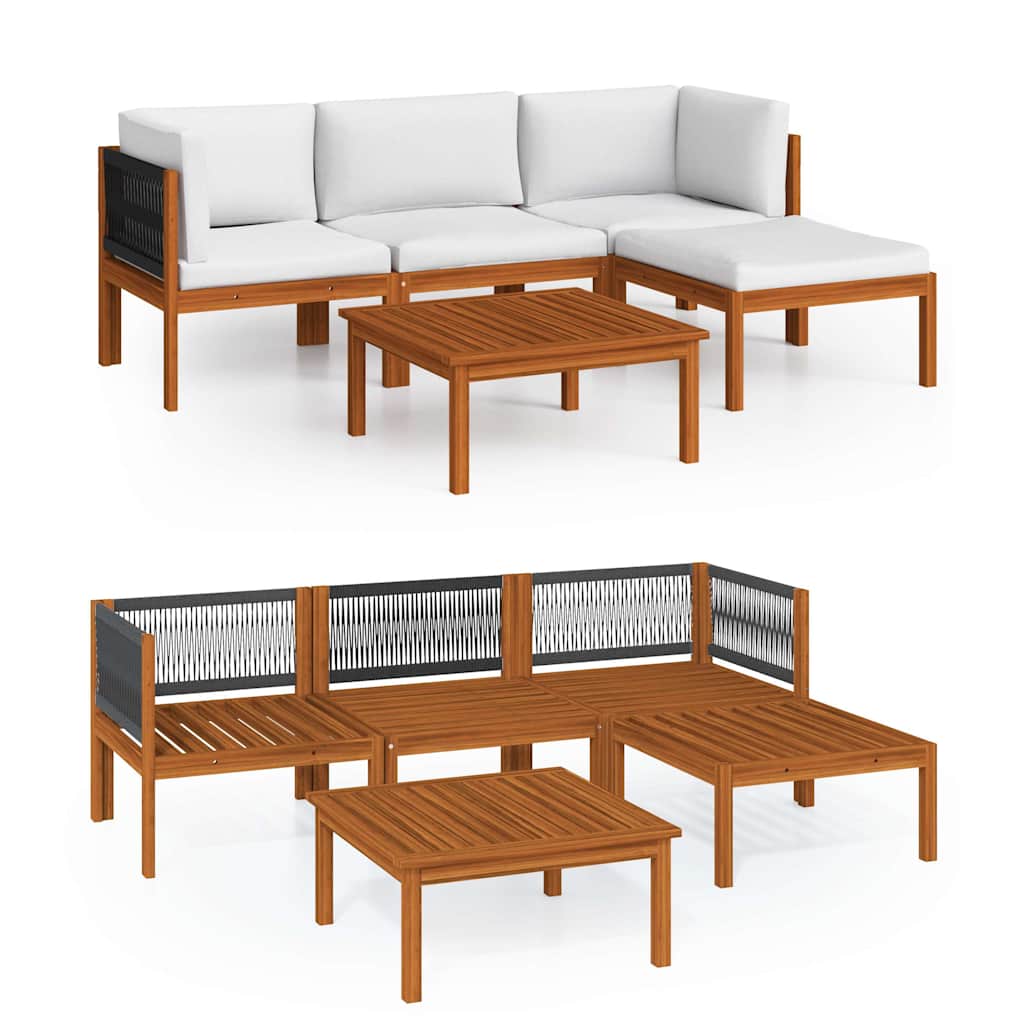 5 Piece Garden Lounge Set with Cushions Cream Wood Acacia&Rope