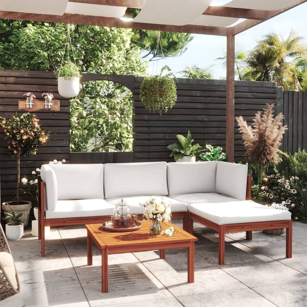 5 Piece Garden Lounge Set with Cushions Cream Wood Acacia&Rope