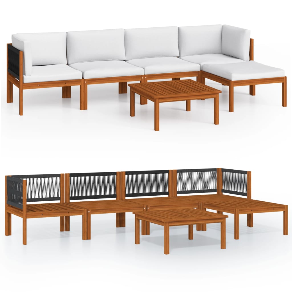 6 Piece Garden Lounge Set with Cushions Cream Wood Acacia&Rope