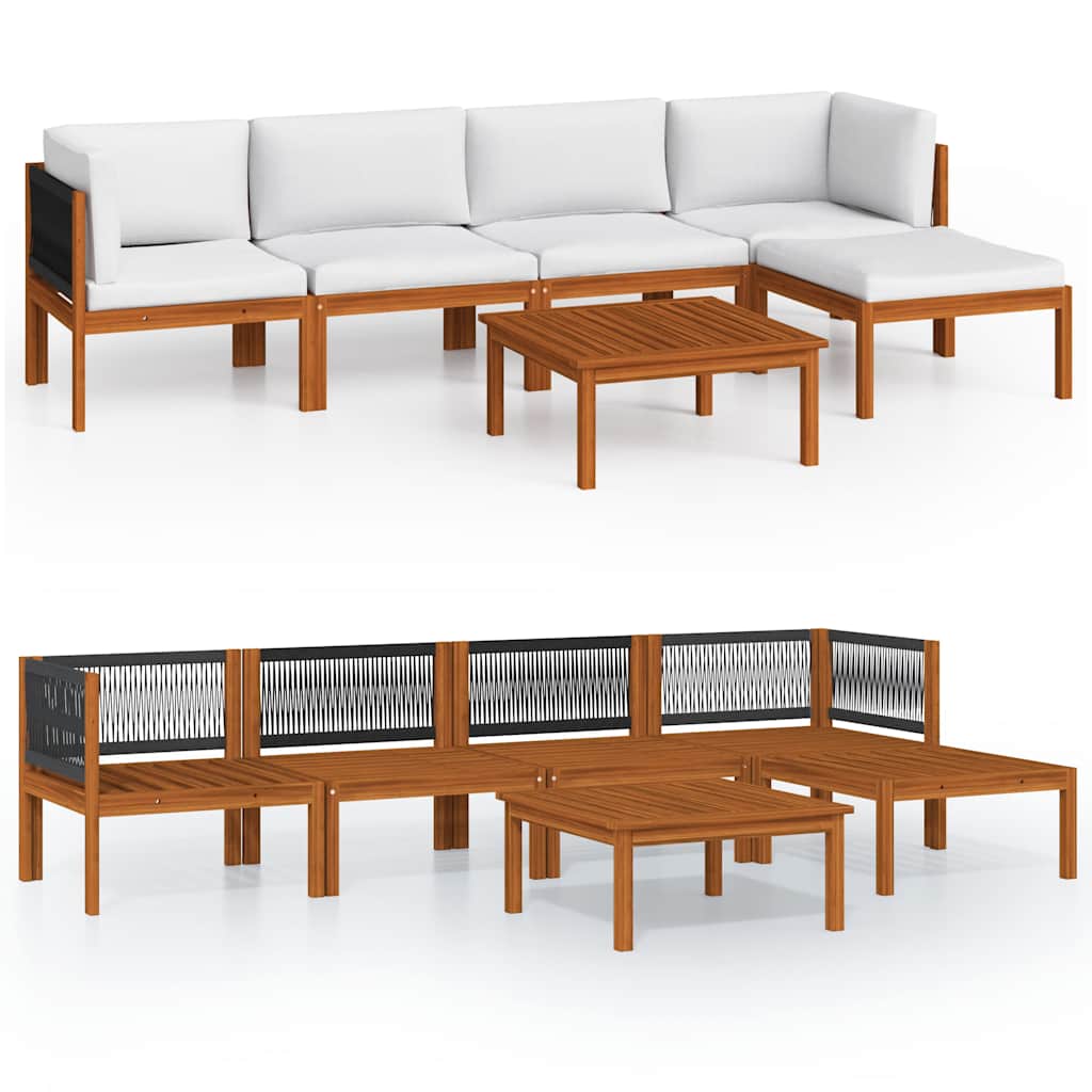 6 Piece Garden Lounge Set with Cushions Cream Wood Acacia&Rope