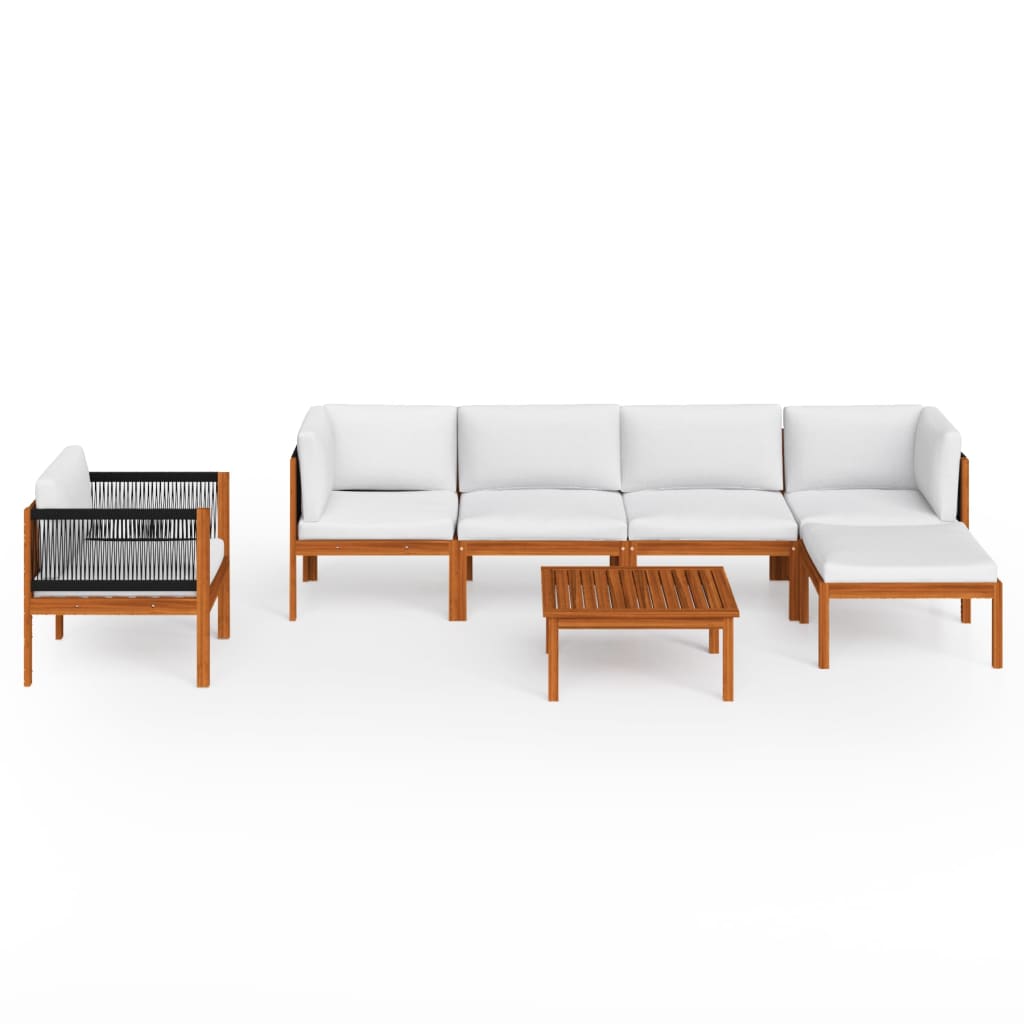7 Piece Garden Lounge Set with Cushions Cream Wood Acacia&Rope