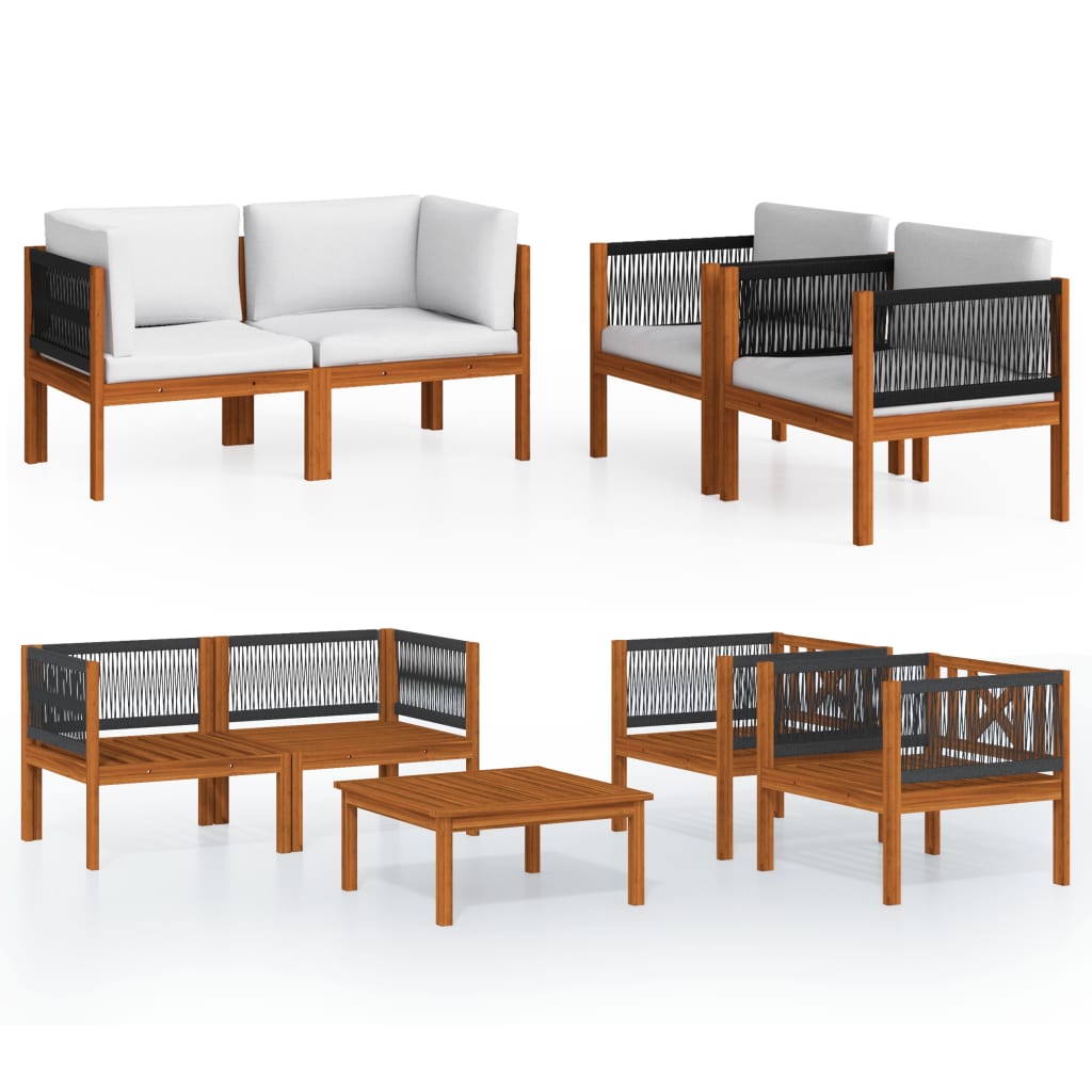5 Piece Garden Lounge Set with Cushions Cream Wood Acacia&Rope