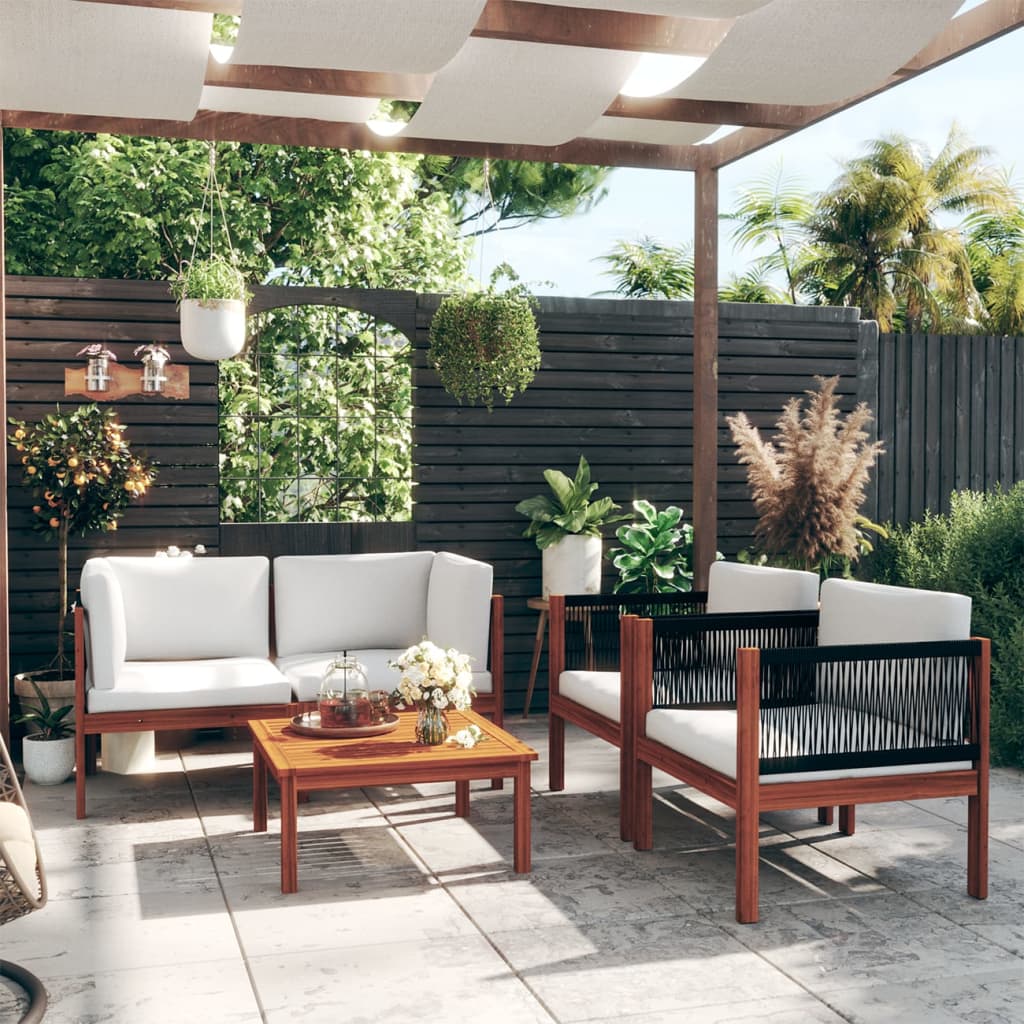 5 Piece Garden Lounge Set with Cushions Cream Wood Acacia&Rope