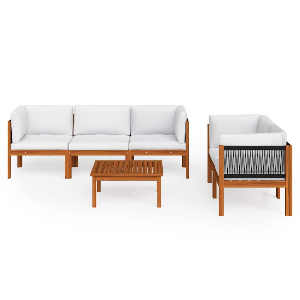 6 Piece Garden Lounge Set with Cushions Cream Wood Acacia&Rope
